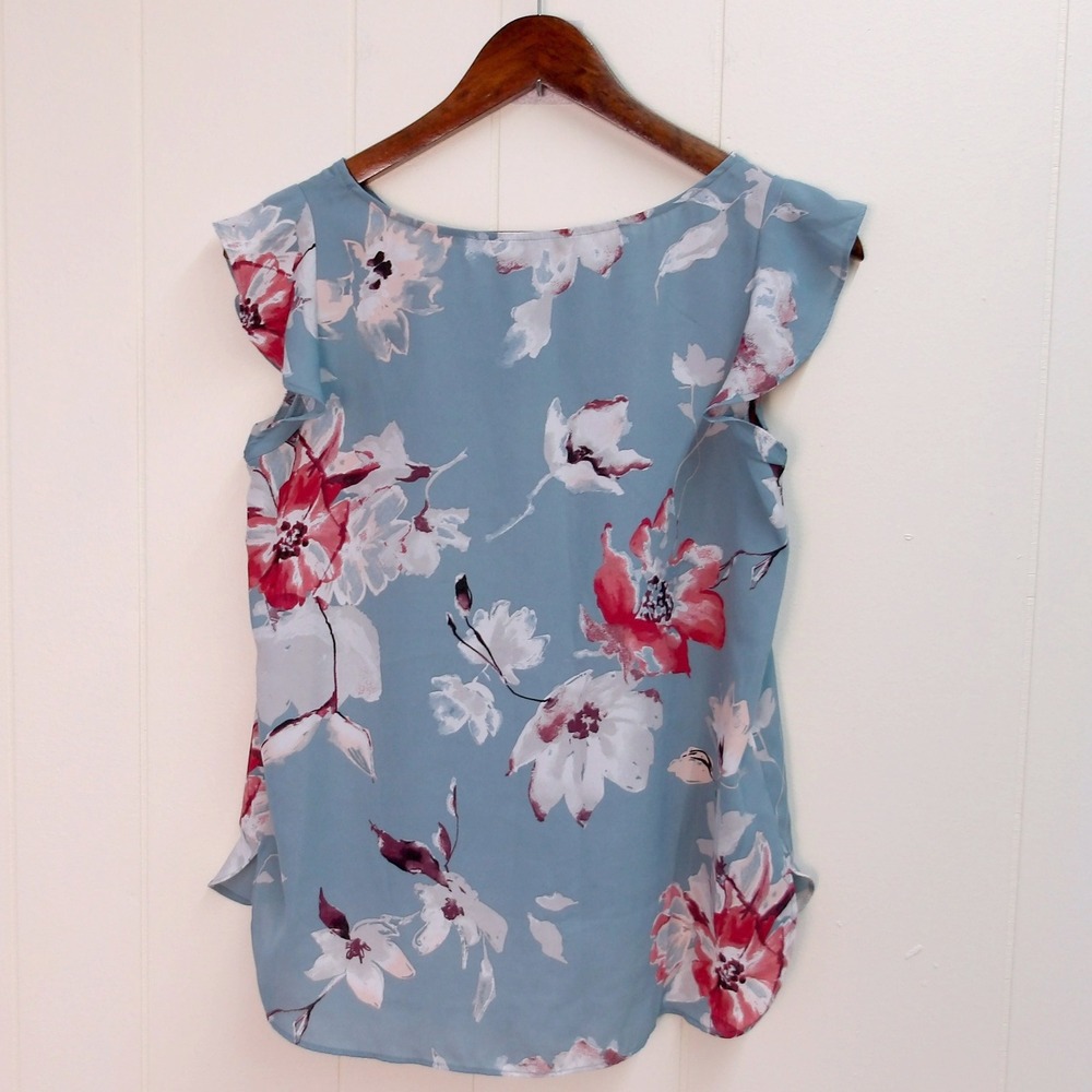 Loft Outlet Floral Ruffle Sleeve Blouse Top Blue Red White Women's PS / #7272 - Picture 4 of 5